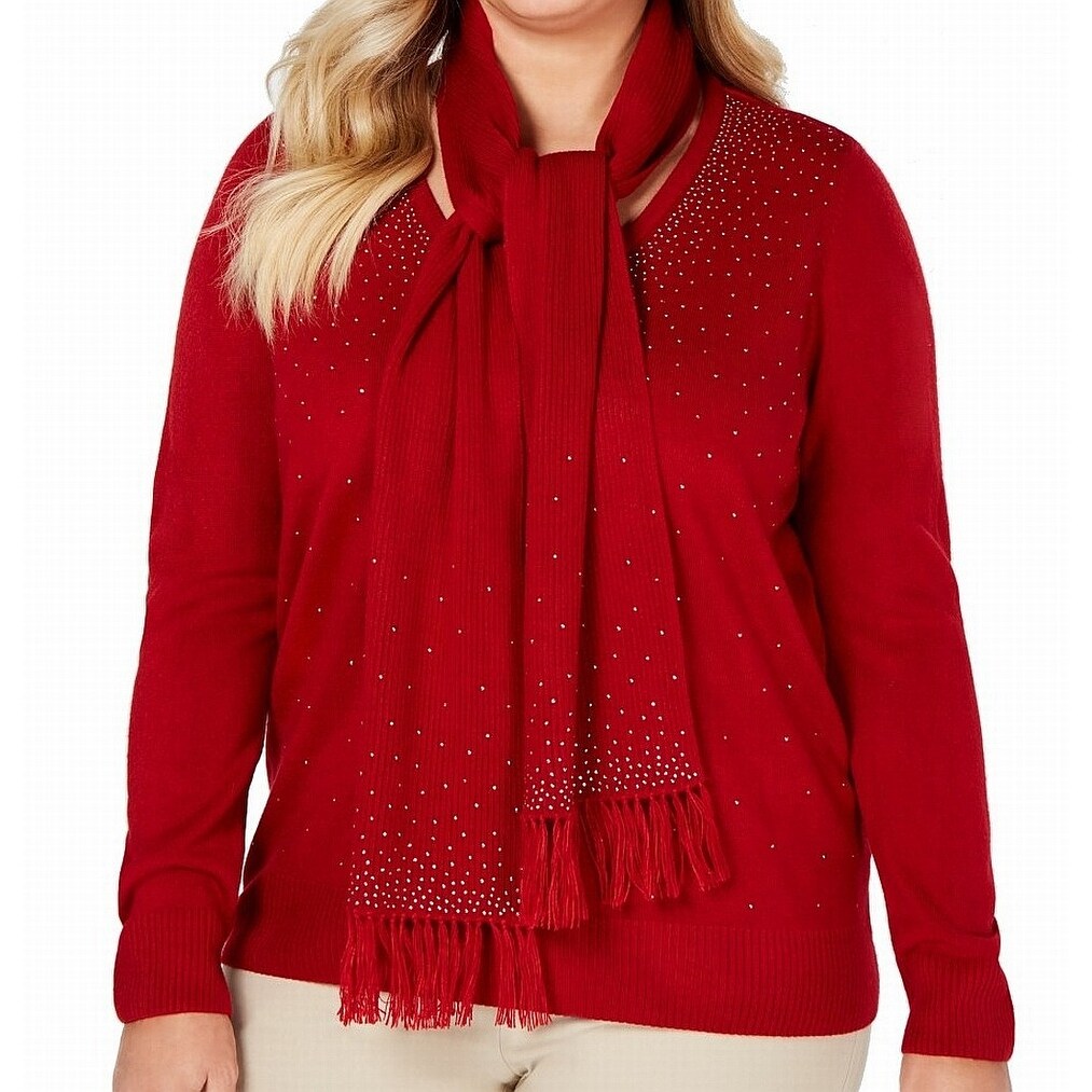 Karen Scott Womens Plus Size Embellished V-Neck Pullover Sweater
