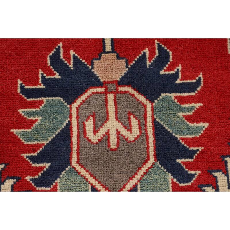 Geometric Red Kazak Oriental Accent Rug Hand-Knotted Wool Carpet - 3'5" x 4'11"