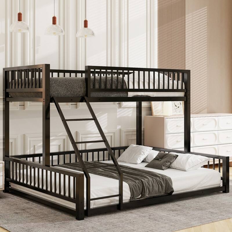 Twin/Full XL over Queen Size Metal Bunk Bed with Ladder and Safety Guardrails, Convertible Bed Frame to Two Floor Beds - Black - Twin XL