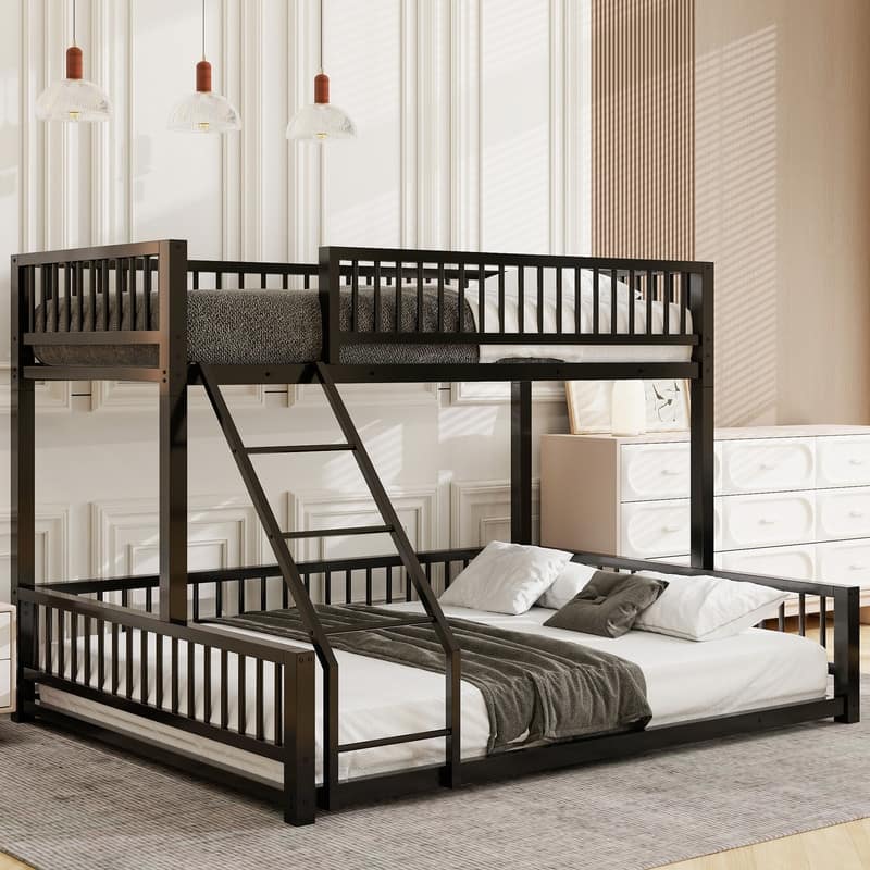 Twin XL over Queen Floor Metal Bunk Bed Frame with Ladder and Safety Guardrails - Black
