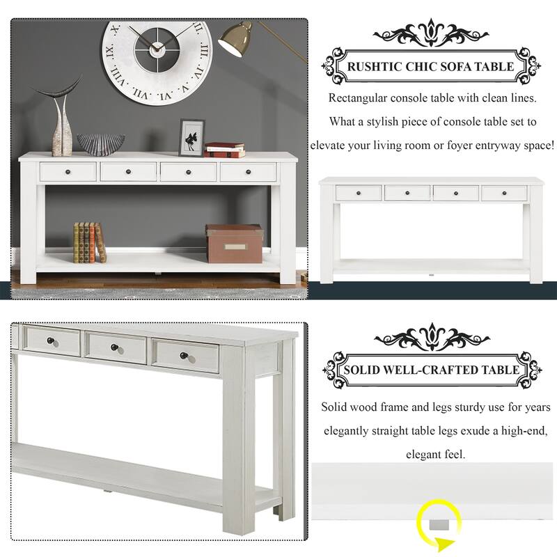 Pine Wood Console Table with 4 Drawers and Bottom Shelf for Entryway Hallway