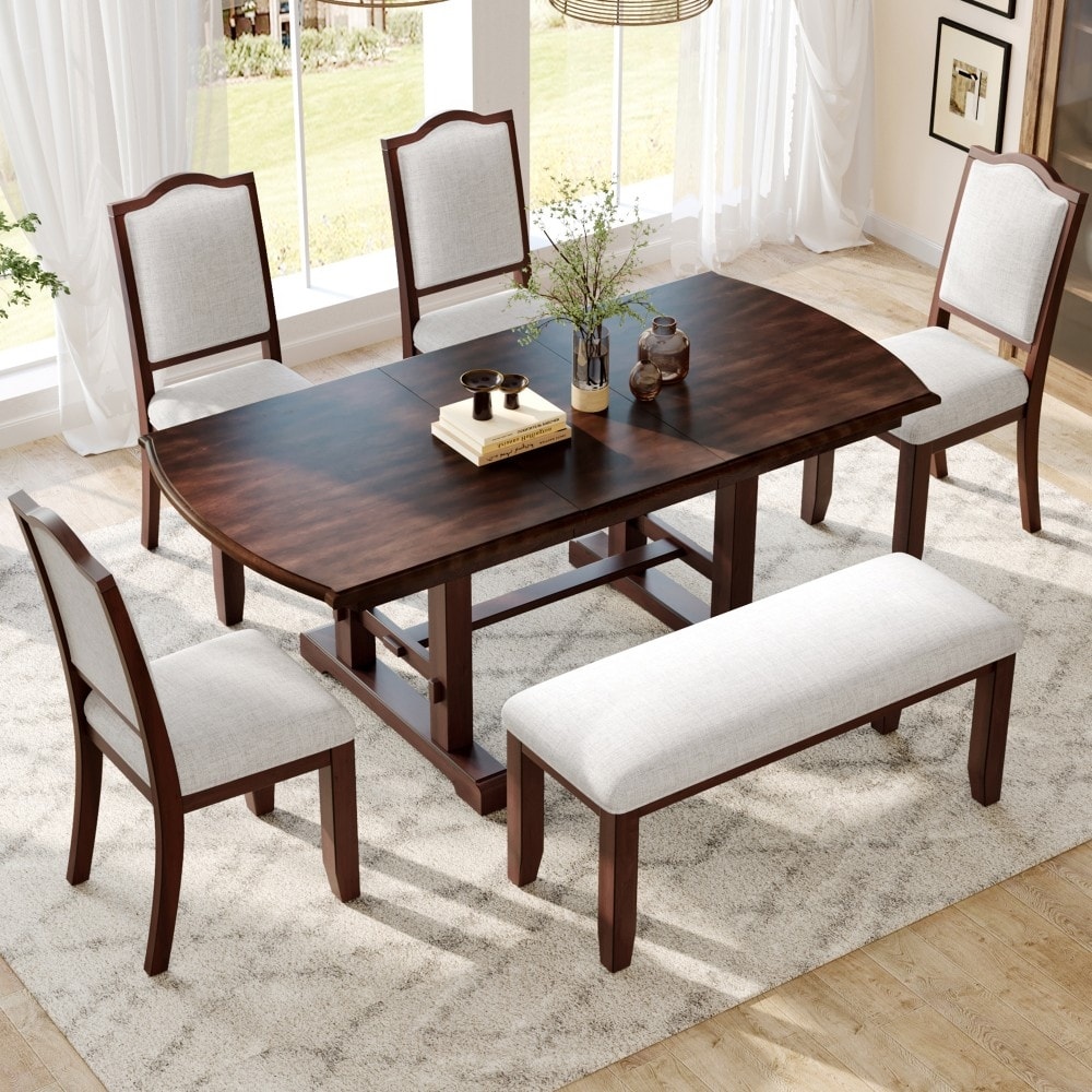 Modern Wooden 6-piece Dining Set with Extendable Removable Leaf Table and Bench
