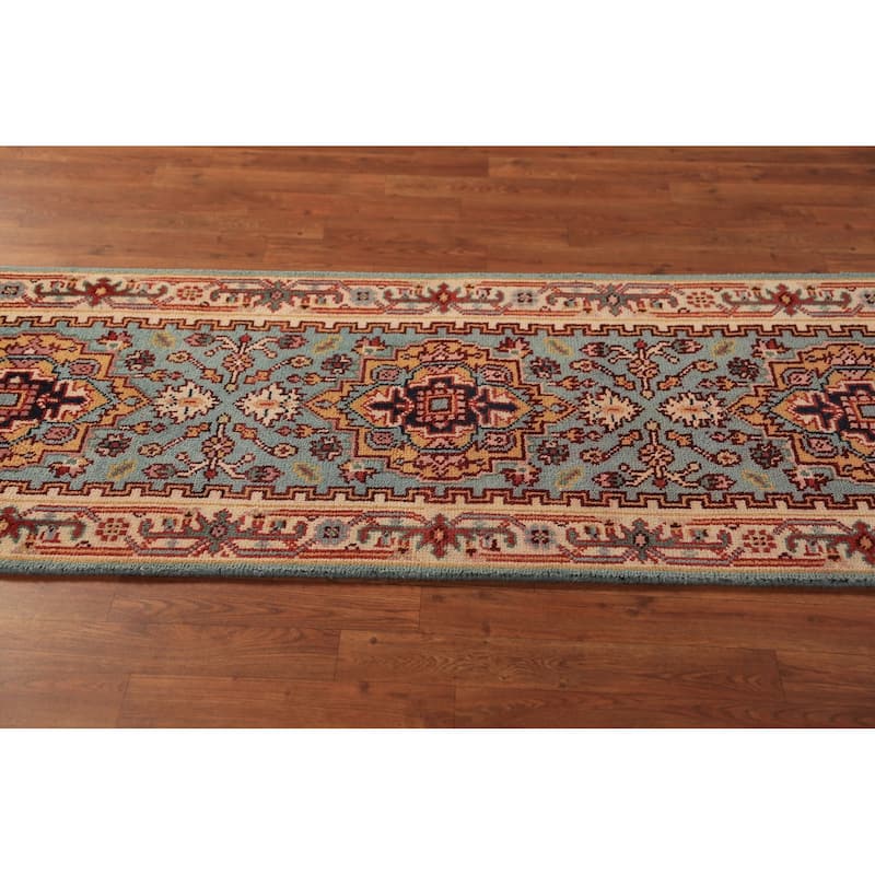 Light Blue Heriz Serapi Indian Runner Rug Hand-Knotted Wool Carpet - 2'5"x 8'0"