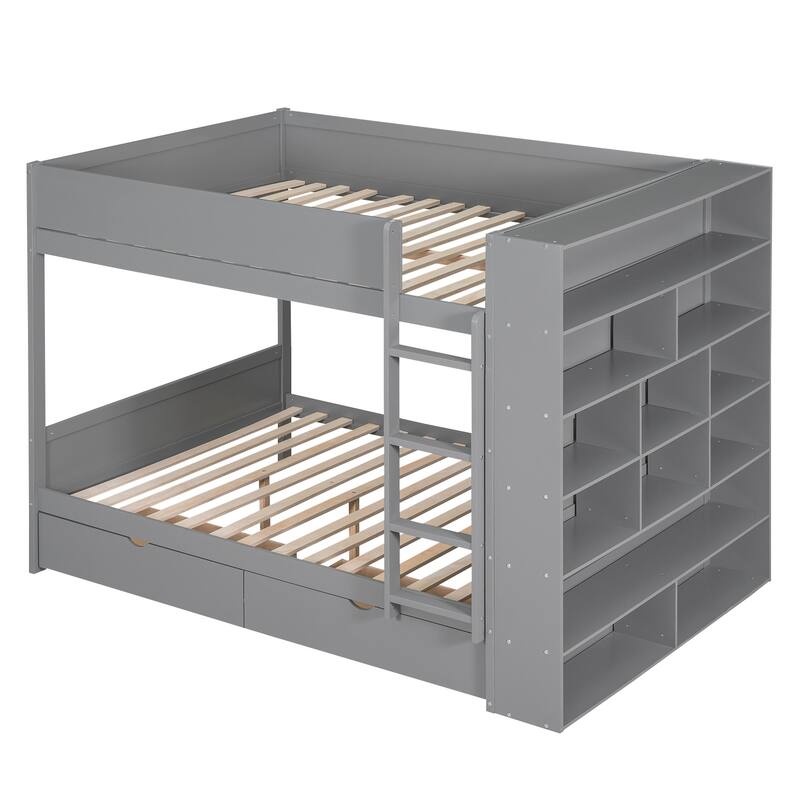 Full over Full Bunk Bed with Drawers and Cabinet, Space-Saving Design, Gray