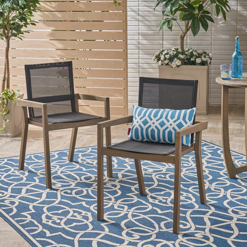 BELFAST DINING CHAIR Set of 2 Teak Acacia Wood Outdoor Chairs Black Mesh Seating