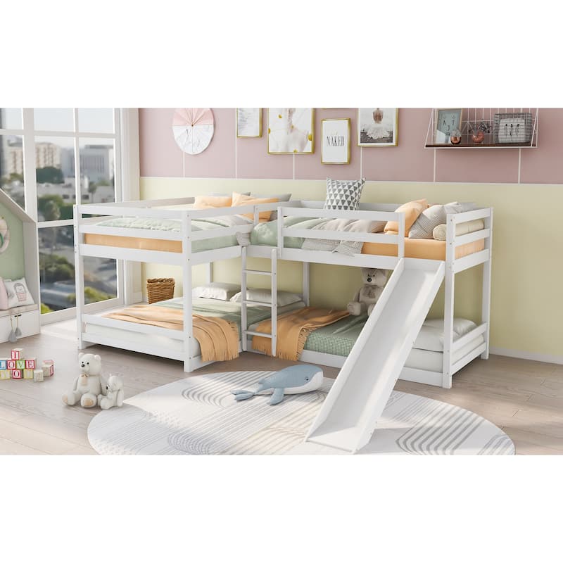 Full and Twin Size L-Shaped Bunk Bed Wood Frame Bed with Slide and Short Ladder, Full-Length Guardrail Top Bunk for Kids Teens