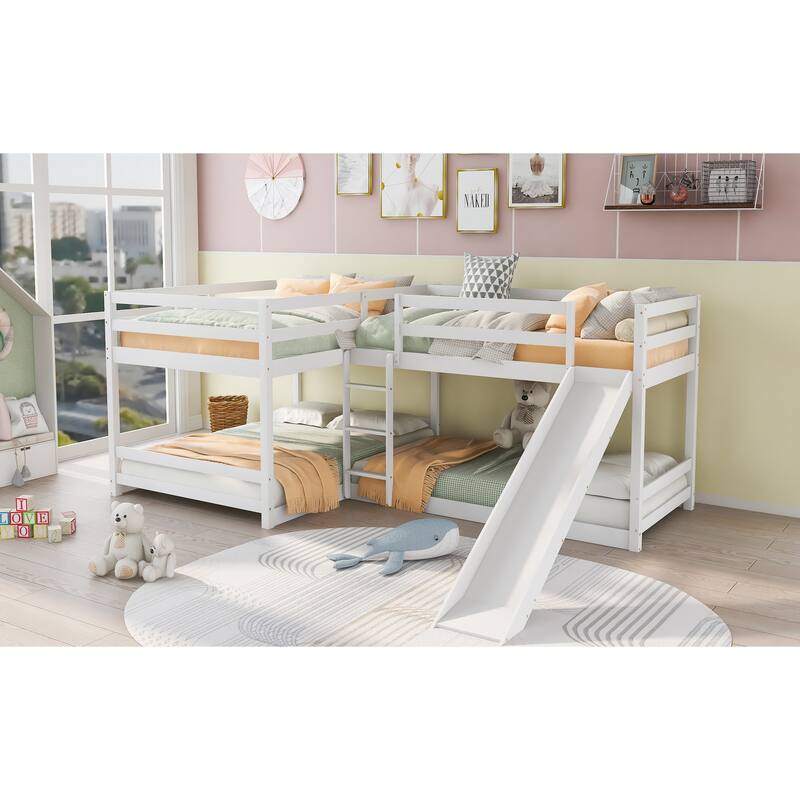 L-Shaped Full and Twin Bunk Bed with Slide, Durable Pine Frame, White