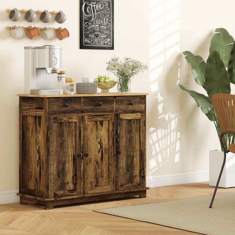 Stylish Coffee Bar Cabinet with Adjustable Shelves and Three Large Drawers