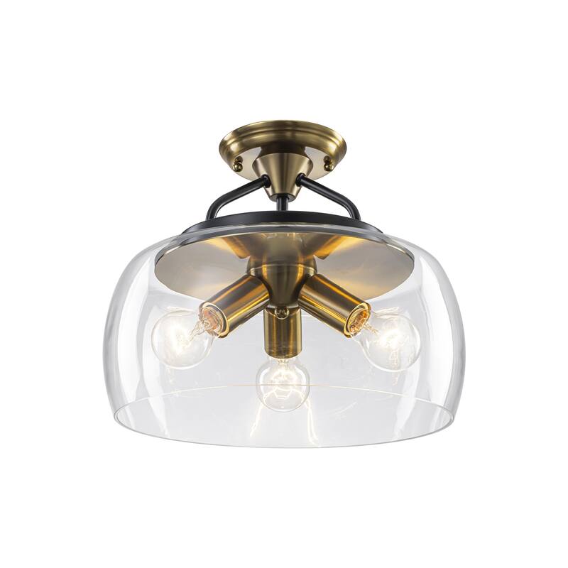 13" W 3-Light Modern Industrial Black Metal Semi-flush Mount Ceiling Light with Clear Dome Glass