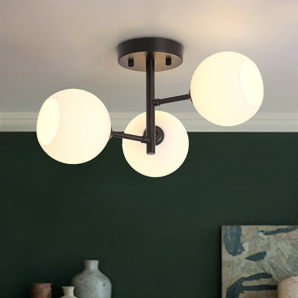 Modern 3-Light Ribbed Opal Glass Globe Sputnik Semi Flush Light
