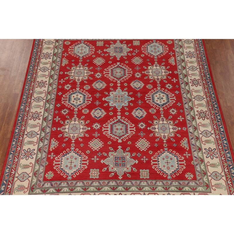 Traditional Red Geometric Kazak Oriental Area Rug Handmade Wool Carpet - 8'1" x 10'0"