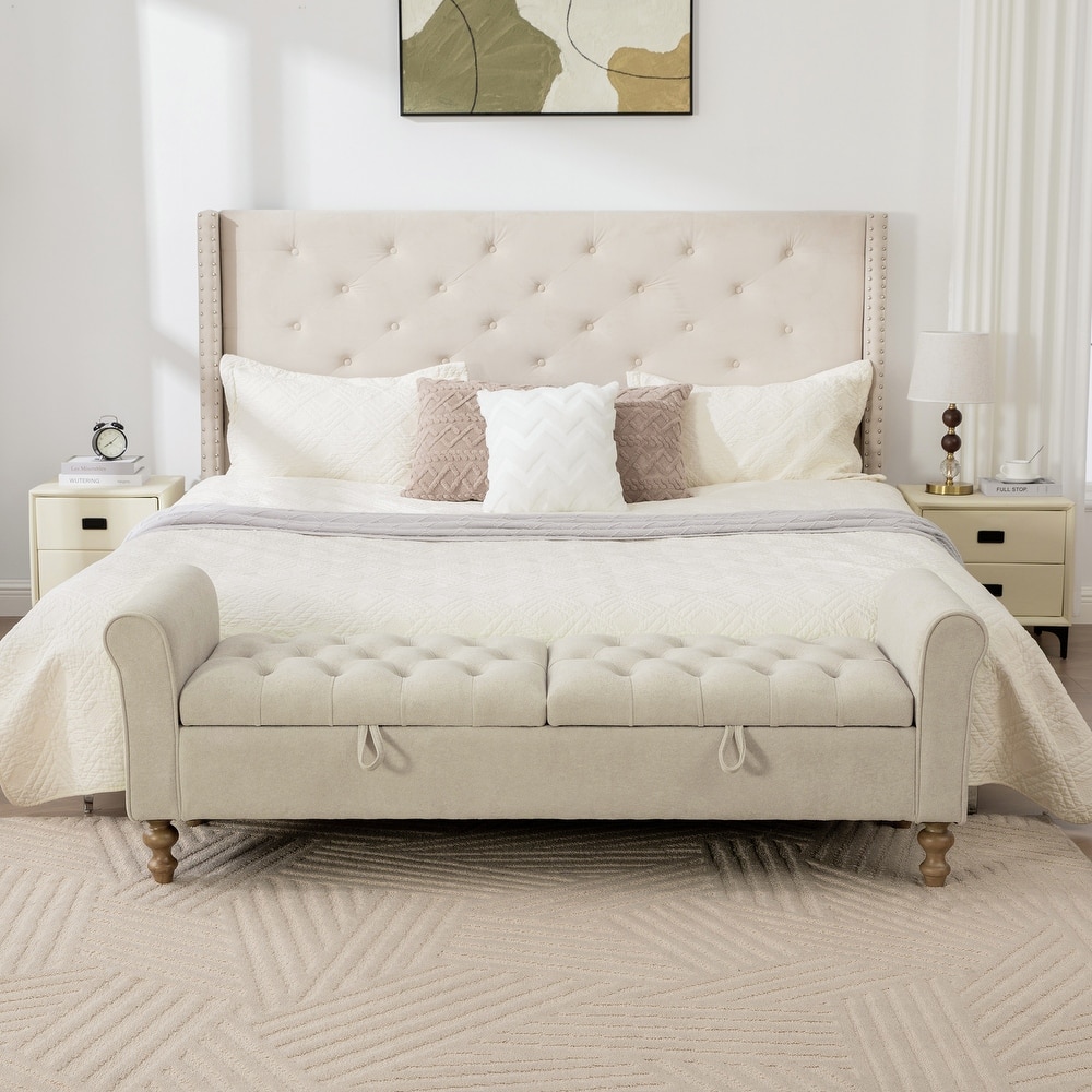 Modern Upholstered Storage Bench With Double Lids