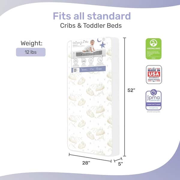 dimension image slide 1 of 2, Dream On Me 2-In-1 Breathable Twilight 5-Inch Spring Coil Crib and Toddler Bed Mattress