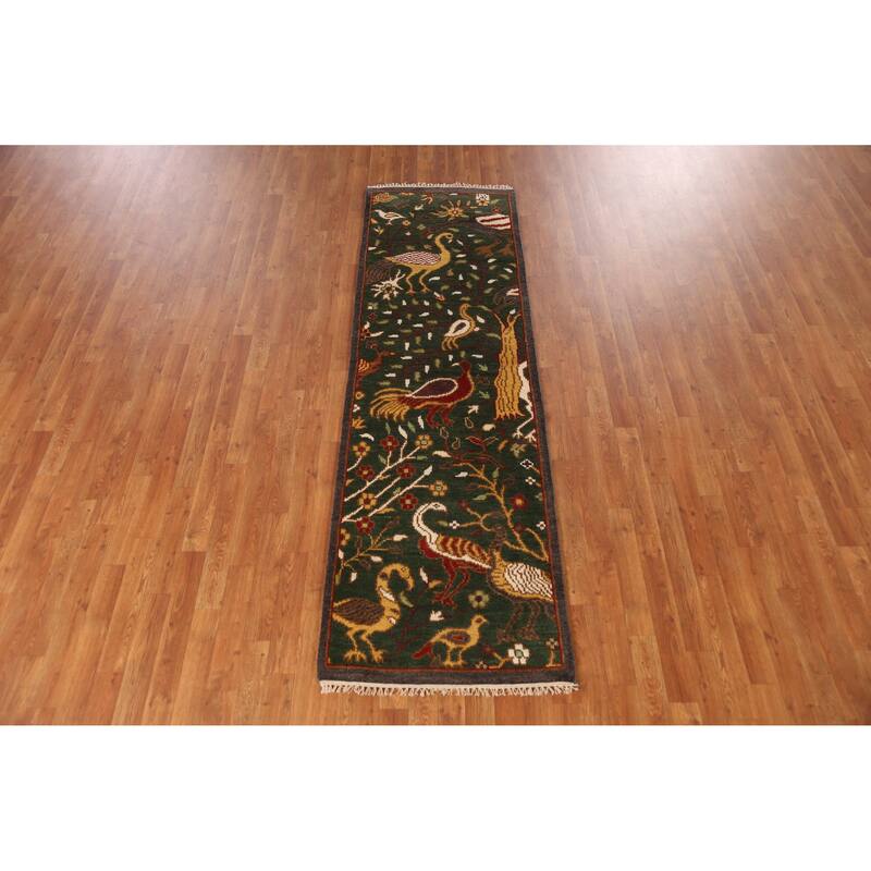 Animals Green Ziegler Indian Runner Rug Handmade Wool Carpet - 2'6" x 8'0"