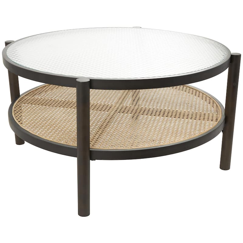 Rattan Living Room Coffee Table with Pressed Tempered Glass Top - Brown - Roche River Decor