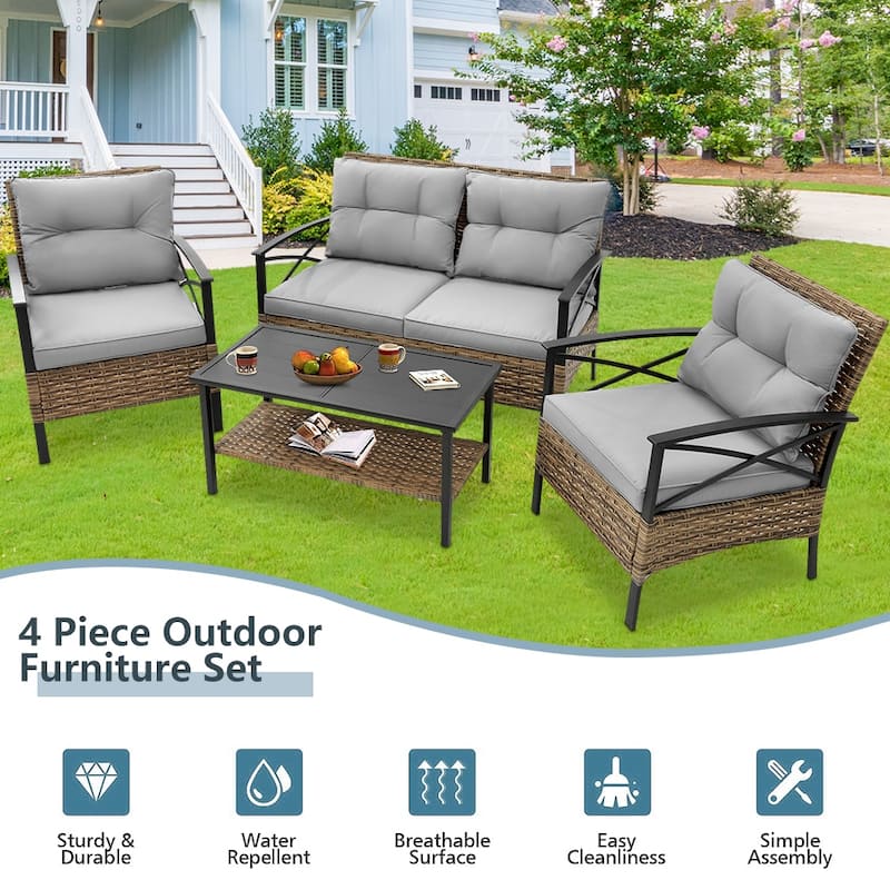 4-Piece Outdoor Patio Rattan Furniture Set, Thick Cushions&Side Table - 1 Table+2 Single chairs+1 Loveseat