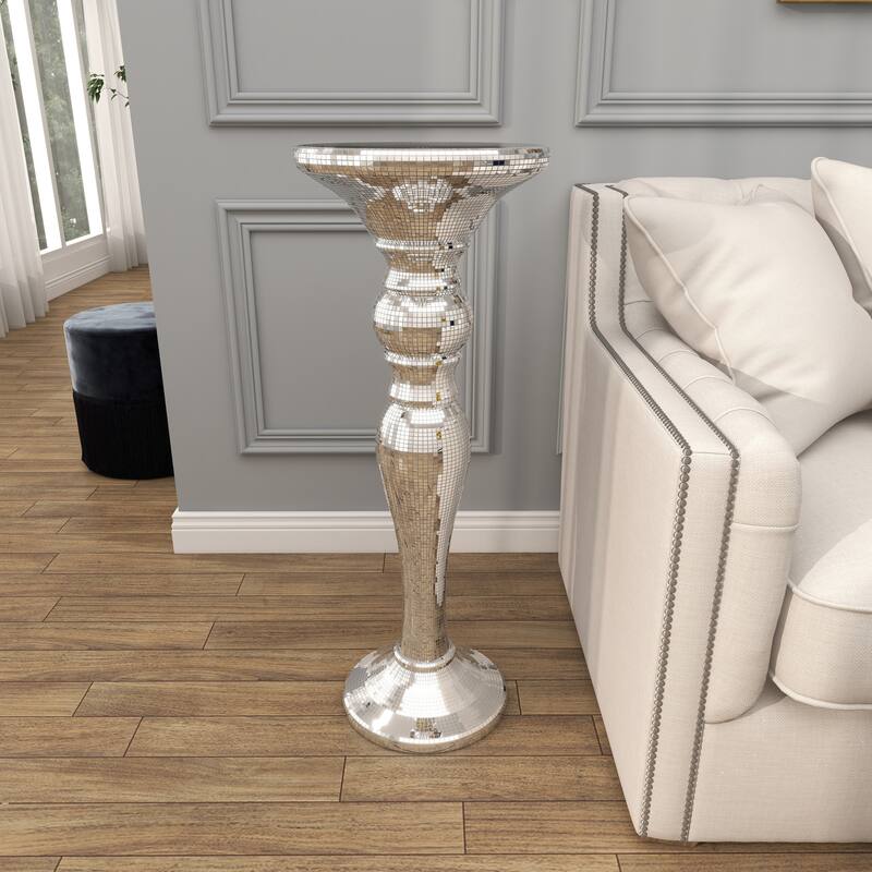 Silver Glass Mosaic Mirrored Turned Floor Pedestal Table