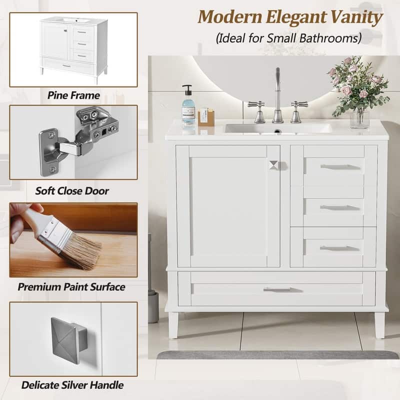Contemporary 36-inch White Bathroom Vanity Cabinet with a Sturdy Pine Frame, 1 Soft Close Door and 3 Drawers.