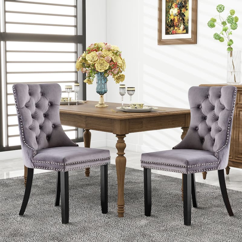 Set of 2 Hollywood Glam Velvet Dining Chairs – Tufted Back with Nailhead Trim and Ring Pull, Modern Accent Side Chairs - Grey