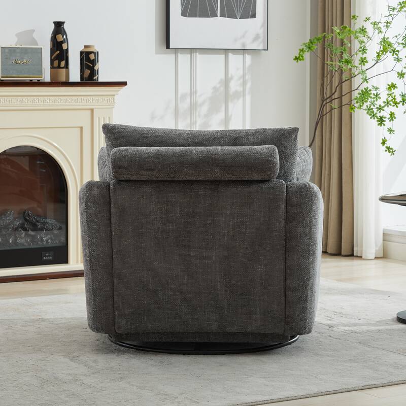 Corduroy Fabric Swivel Accent Chair, Oversized Round Armchair with 2 Thorw Pillows, Ergonomic Upholstered Lounge Sofa Chair