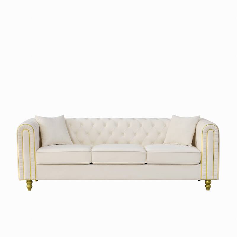 Roomfitters 86" Modern Upholstered Chesterfield Tuxedo Sofa with Gold Trim, Button Back 3-Seater Couch for Living Room