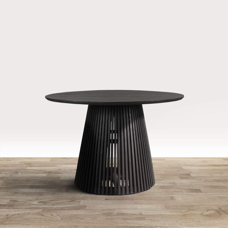 Ridge 47 Inch Handcrafted Mango Wood Round Dining Table, Slatted Flared Base, Black