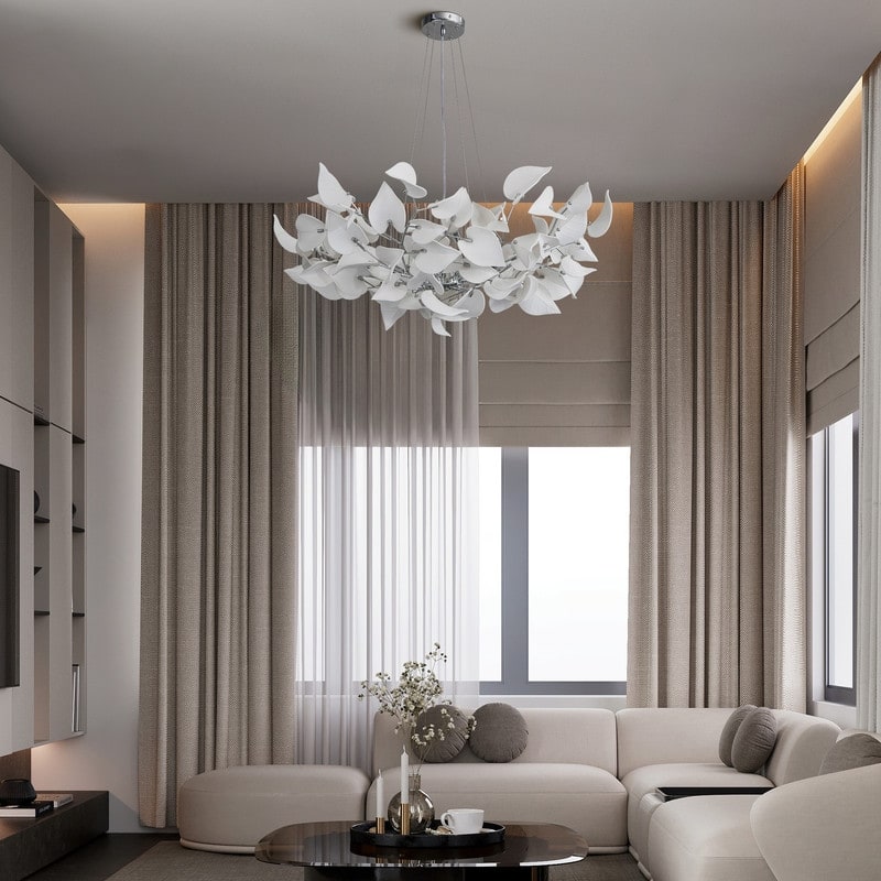 KAYLA 31.5" 6-Light Luxury Gold Round Chandelier, Modern Ceramic Leaf Branch