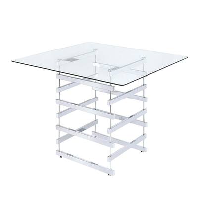 Mirror Top Counter Height Table With Metal Architectural Base, Chrome & Clear