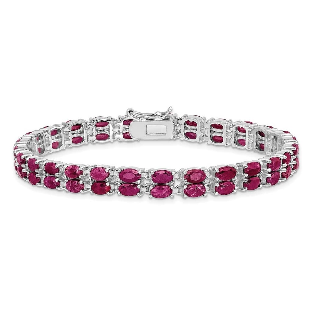 Curata 925 Sterling Silver 7" 7mm Genuine Ruby Double Row Bracelet