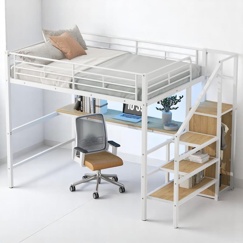 Full Metal Loft Bed with Built-in Desk, Stair Storage, Clothes Rack Wardrobe & Color LED Lighting - White - Full