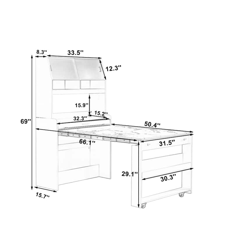 Multifunctional Buffet Hutch and Foldable Dining Table with Storage Unit and Rolling Wheels for Small Spaces