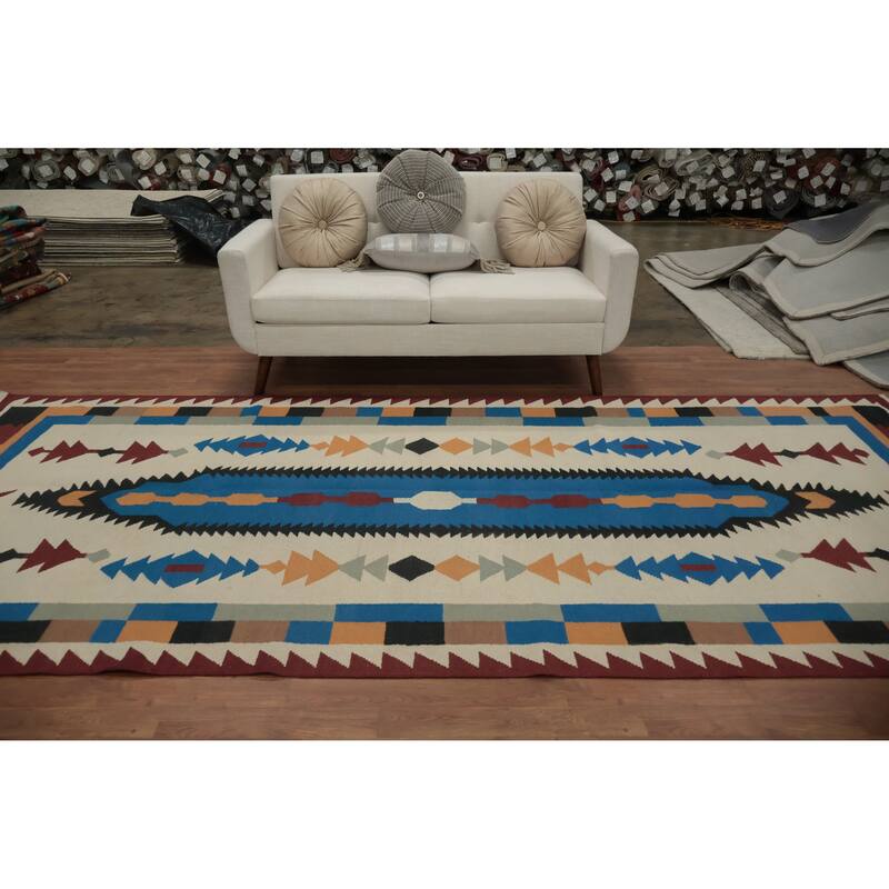 Hand Woven Oriental 100% Wool Carpet Southwestern Tribal Beige & Ivories Kilim Area Rug - 12' 3'' X 5' 5''