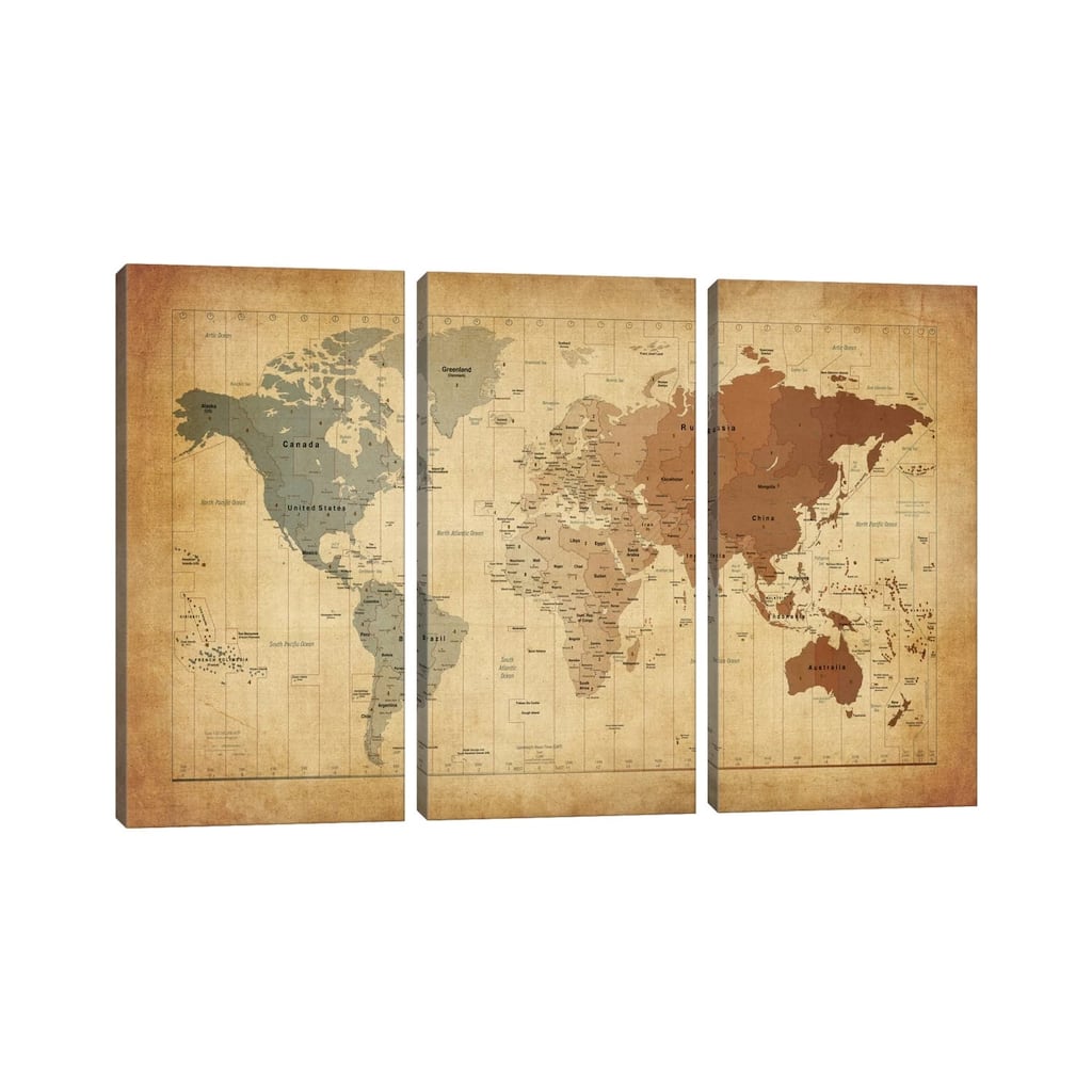 iCanvas "Map of The World III" by Michael Tompsett 3-Piece Canvas Wall Art Set