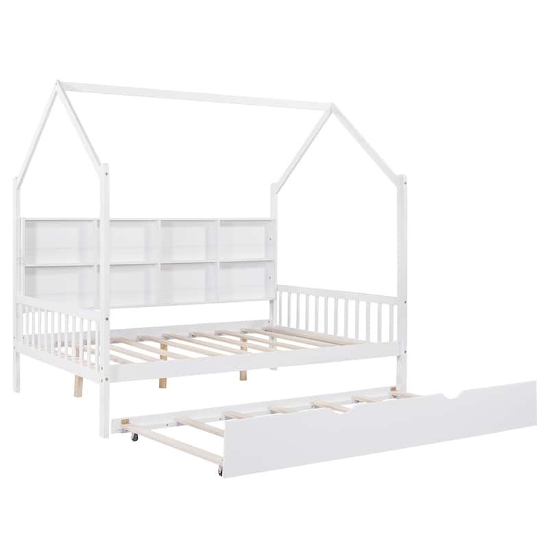 Full Pine Kids House Platform Bed with Trundle, Shelf, and Roof