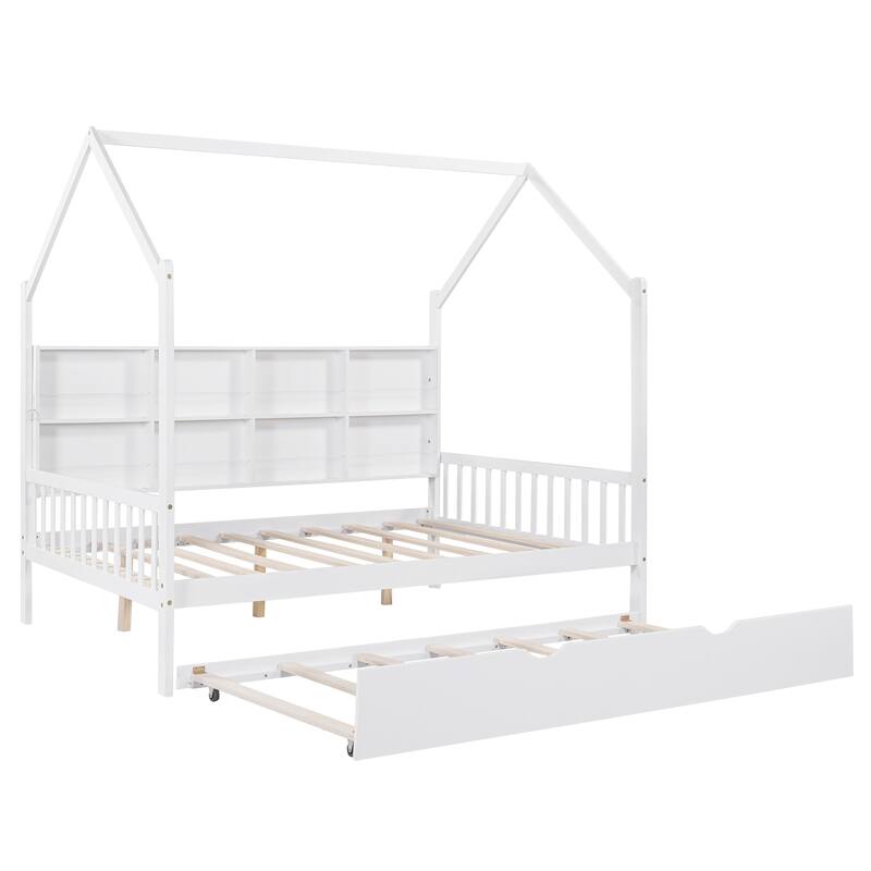 Full Size Wooden House Bed with Trundle and Shelf for Kids, White