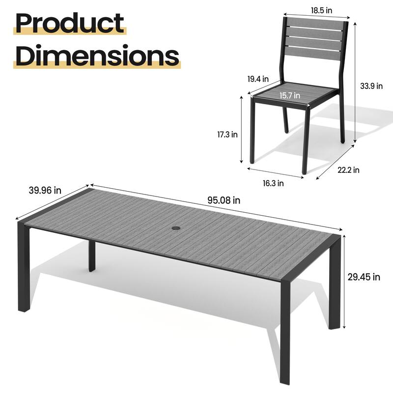 Set of 11 Outdoor Patio Dining Set WoodLike Table Top Aluminum Rectangular Umbrella Hole Table with Stackable Chairs