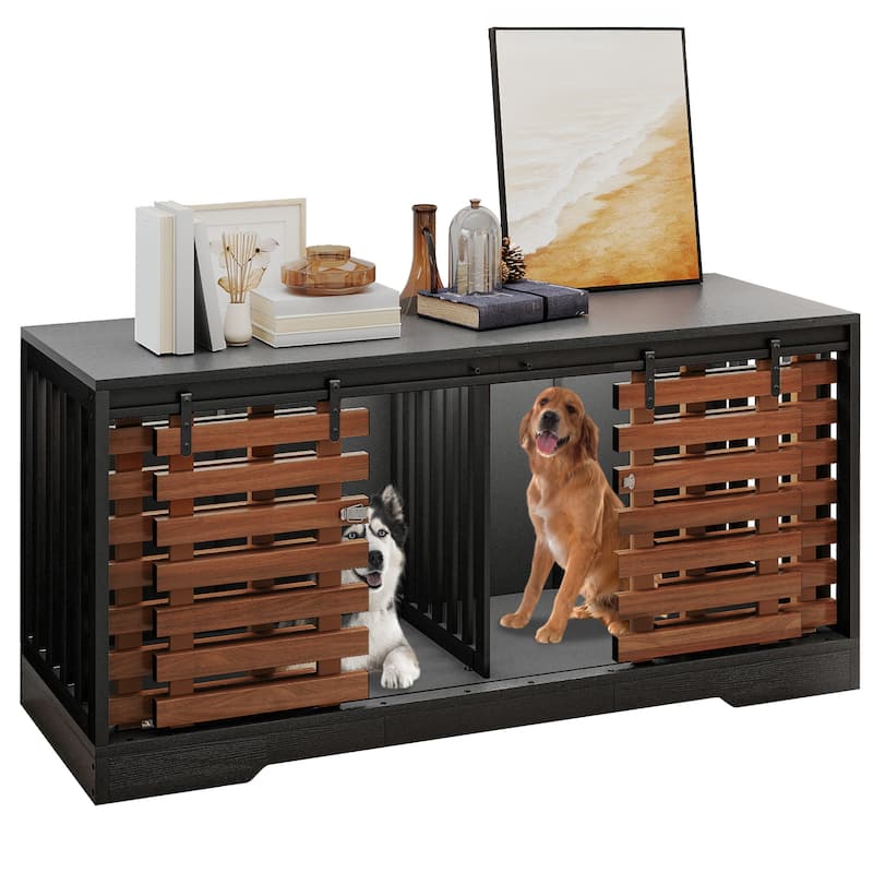 Moasis 71" Double Dog Crate Furniture for 2 Dogs with Sliding Fence Door,Heavy Duty Dual Dog Kennel TV Stand Large Dogs