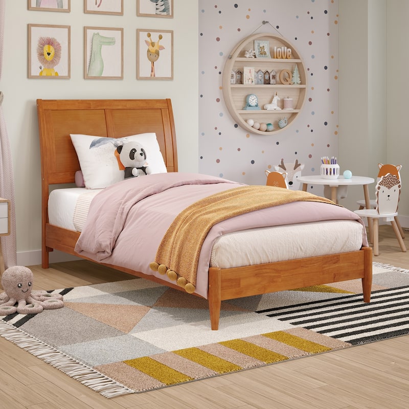 Twin Platform Bed with USB Ports - Solid Wood Low Profile Sleigh Bed, Light Toffee Finish