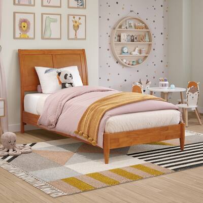 Twin Platform Bed with USB Ports - Solid Wood Low Profile Sleigh Bed, Light Toffee Finish