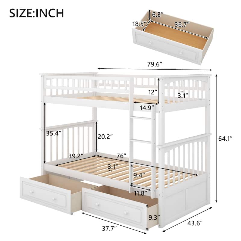 Solid Pine Convertible Bunk Bed with 2 Drawers, Fence Guardrail