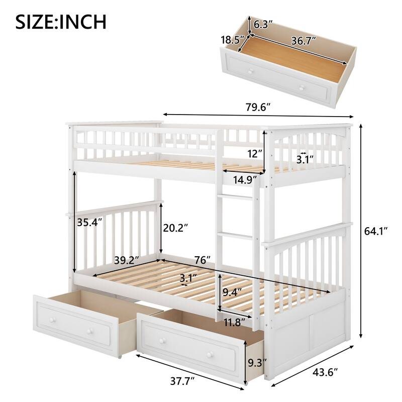 Wooden Bunk Bed with 2 Drawers and Ladder
