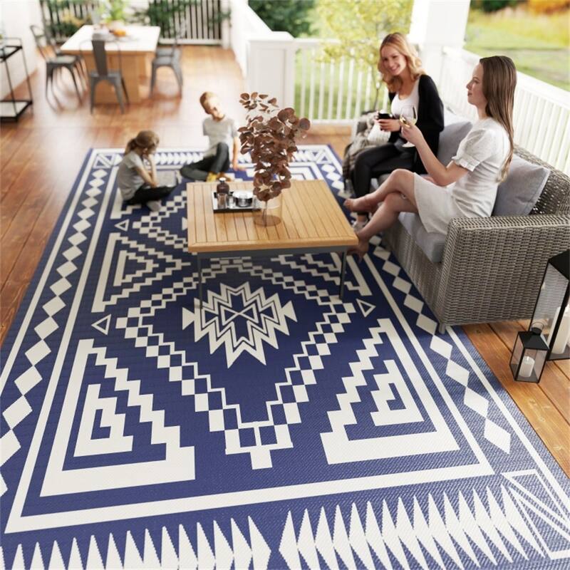Reversible Outdoor Rug Square Patchwork, UV-Protected Foldable Polypropylene Mat with Carry Bag - : 215.7" L × 107.9" W