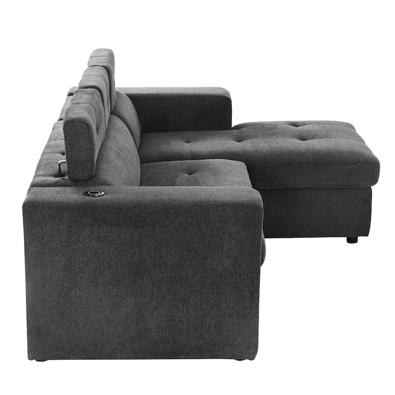 96" L-Shaped 3-Seat Sectional Sofa with Pull-Out Bed, Wireless Charging, and Hidden Storage with Cup Holders