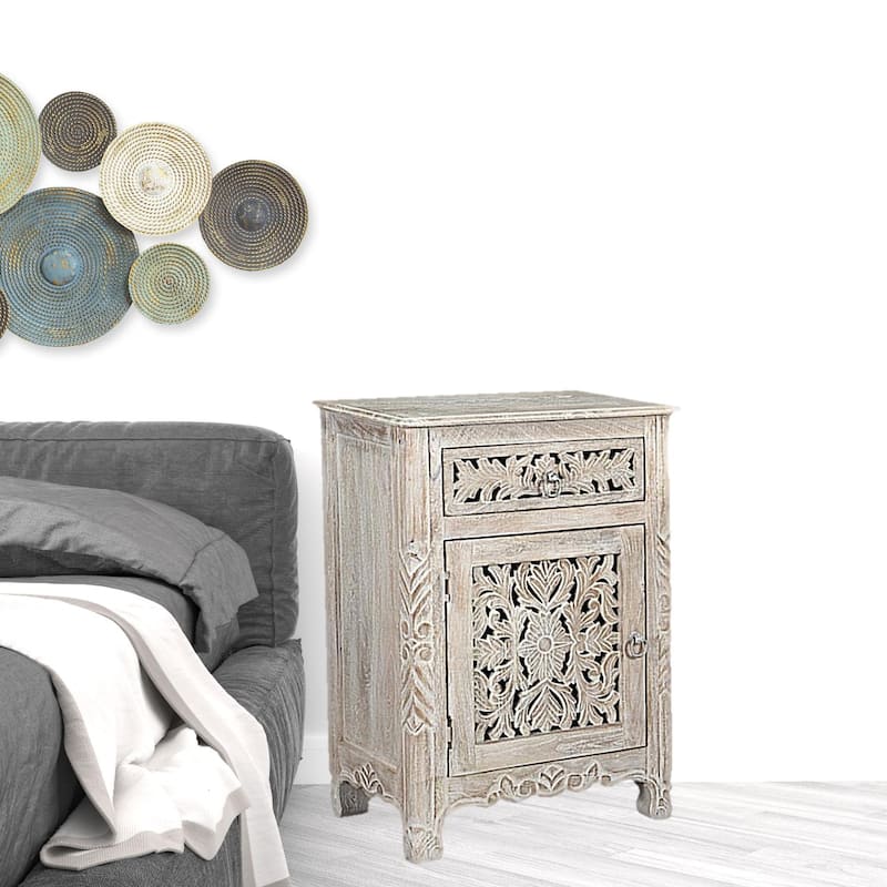 HomeRoots 30" Distressed White One Drawer Floral Carved Solid Wood Nightstand - White