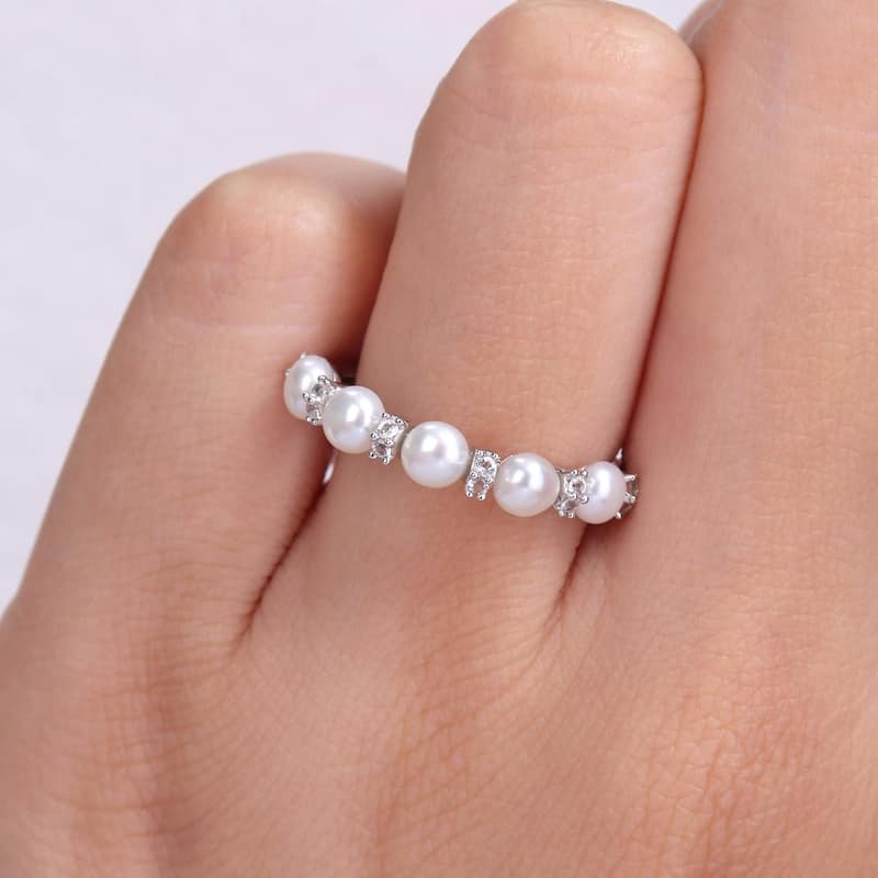 Miadora Sterling Silver Freshwater Cultured Pearl & White Topaz 5-Stone Semi-Eternity Ring (3.5-4mm)