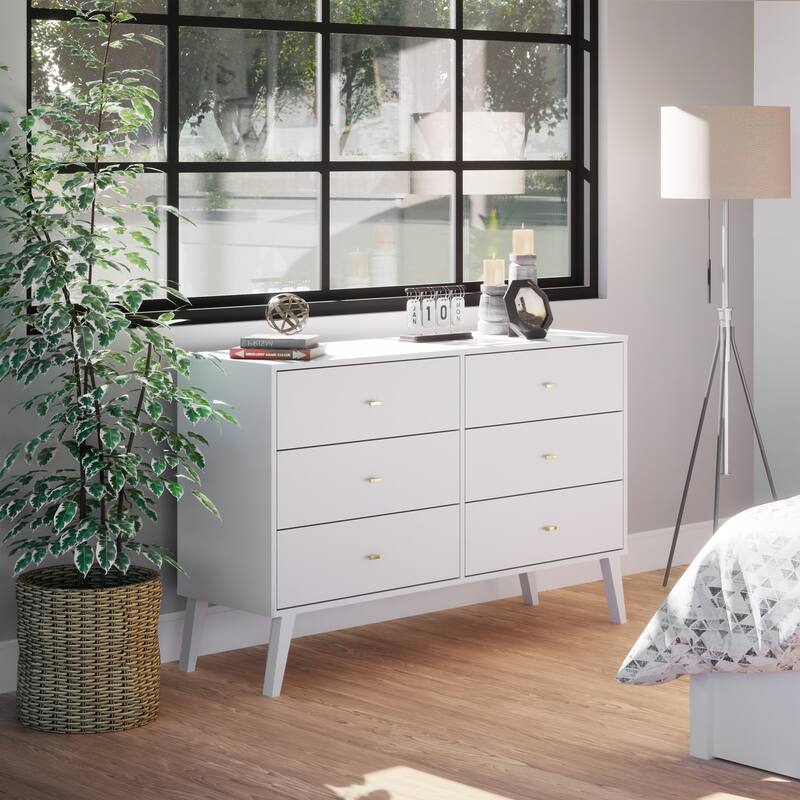 Prepac Milo Mid-Century Modern 6 Drawer Double Dresser for Bedroom, Chest of Drawers, Contemporary Bedroom Furniture