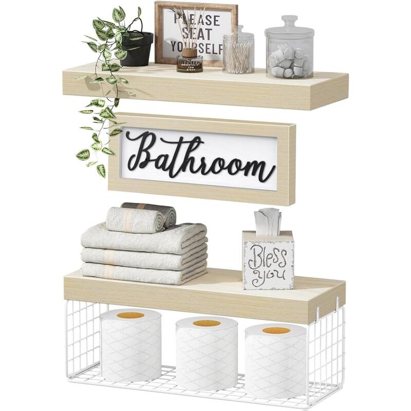 Toilet Bathroom Shelves - Paper Storage Wall Mount, Small Floating Shelves 2+1 Set - Beige