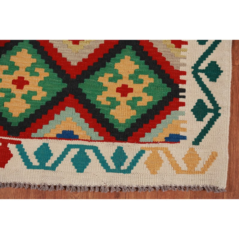 Hand Woven Oriental 100% Wool Carpet Southwestern Geometric Multi-Colored Kilim Runner Rug - 13' 2'' X 2' 9''