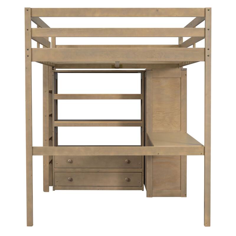 Full Size Pinewood Loft Bed with Built-in Study Desk and Wardrobe, Storage Shelves and 2 Drawers, Full-length Guardrails