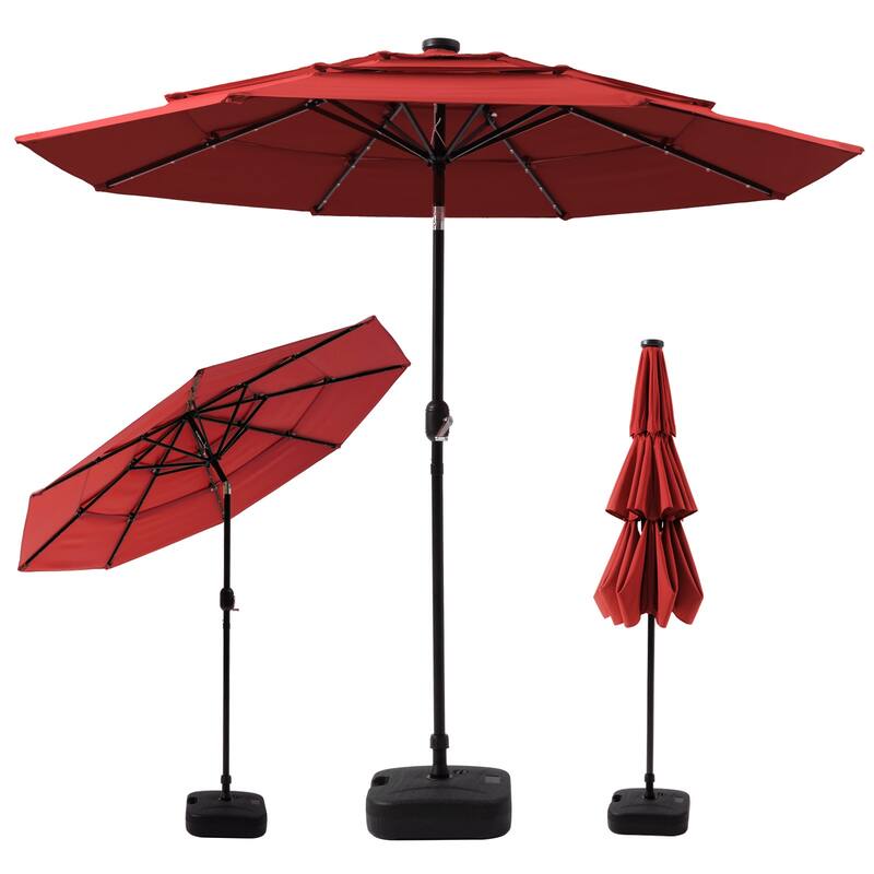 COSIEST Outdoor 11ft 3 Tiers Market Patio Umbrella with Solar LED lights - Burgundy